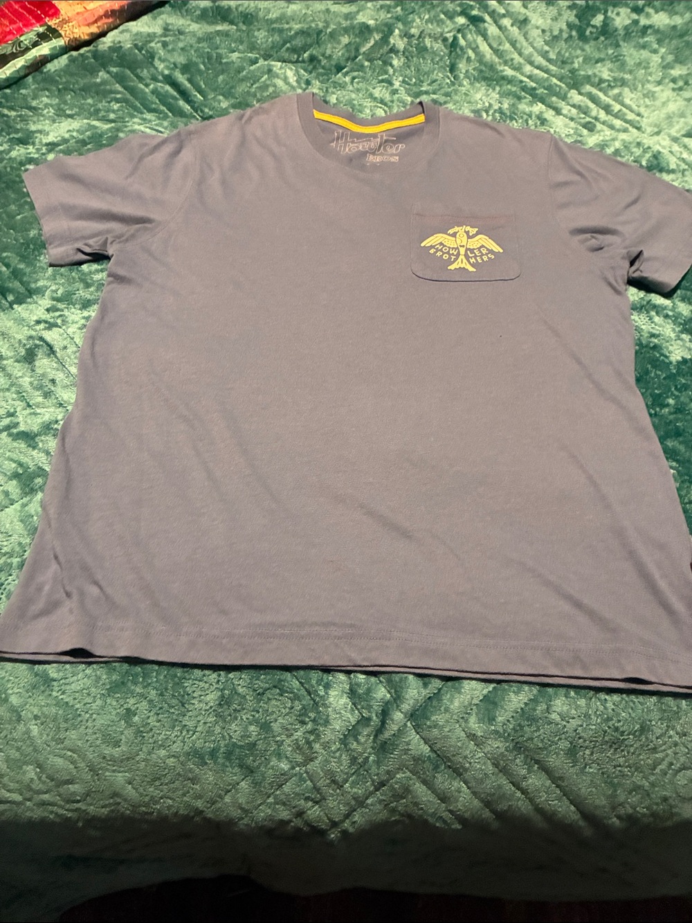 Howler Brothers Slate Blue Short Sleeve Pocket Tee with Yellow Chest Graphic